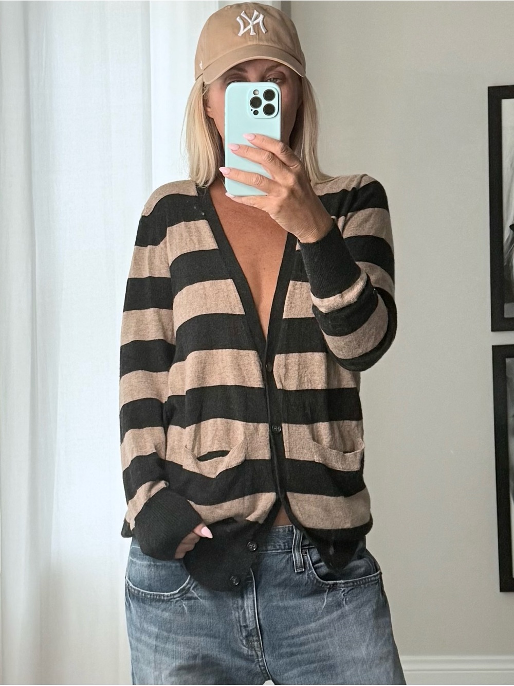 Talula Black and Tan Striped Button-Front Cashmere lightweight Cardigan